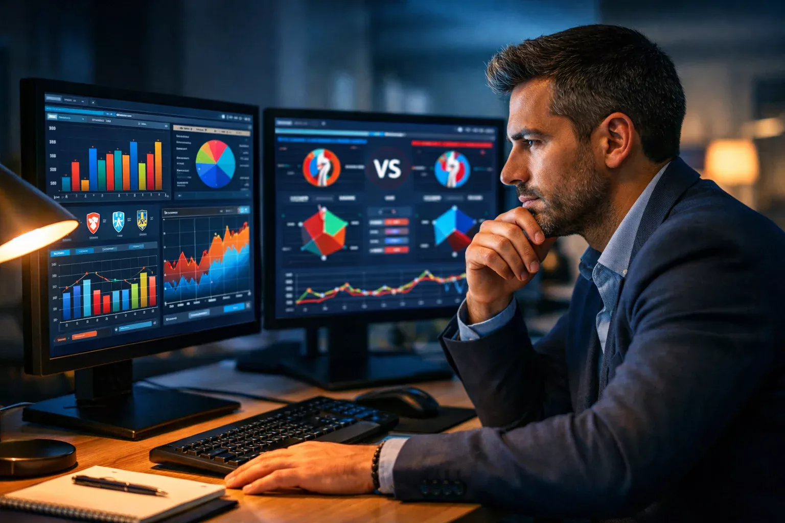 Analista desportivo a comparar dados estatísticos em múltiplos ecrãs