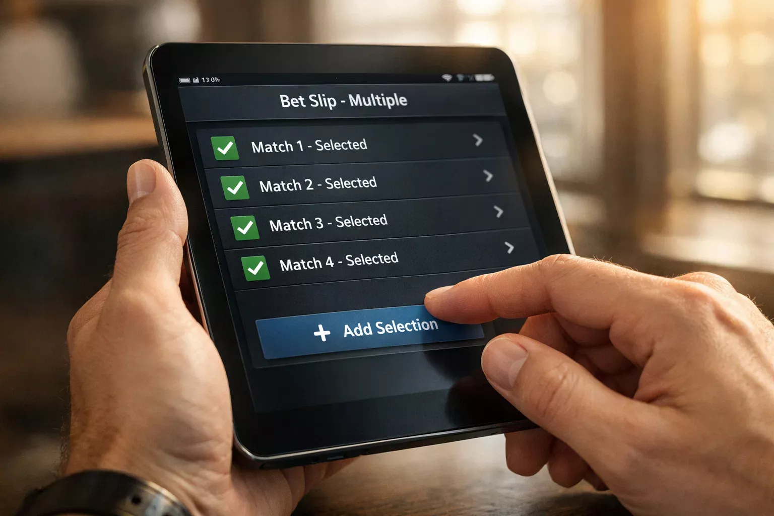 Mãos a interagir com tablet mostrando lista de jogos seleccionados para aposta combinada