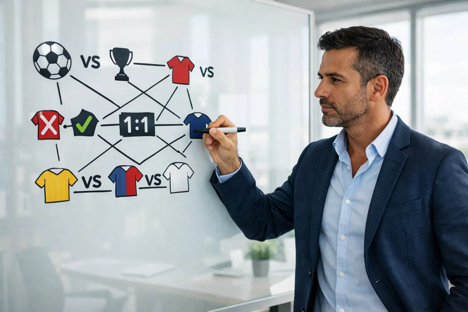 Analista desportivo a estudar conexões entre diferentes jogos num quadro branco
