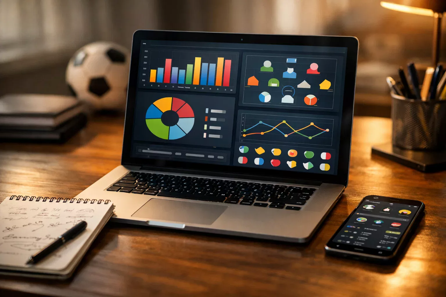 Ambiente de trabalho com portátil exibindo gráficos estatísticos de futebol