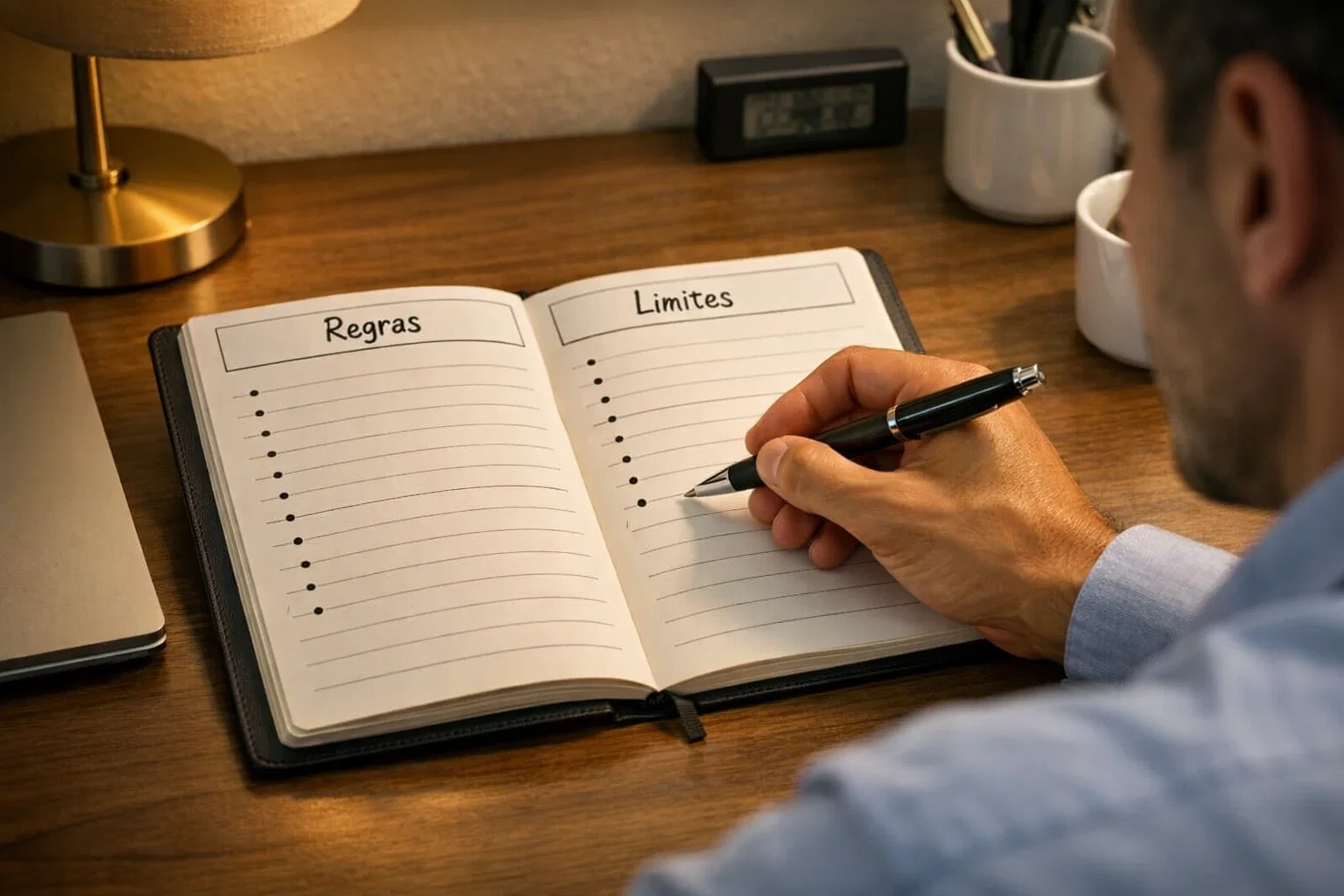 Pessoa disciplinada a organizar limites de apostas num caderno