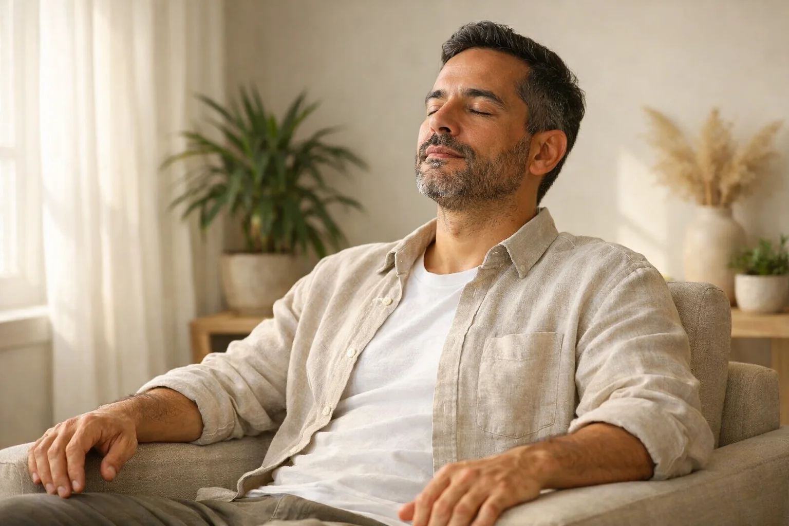 Pessoa a fazer pausa e respirar fundo num ambiente calmo