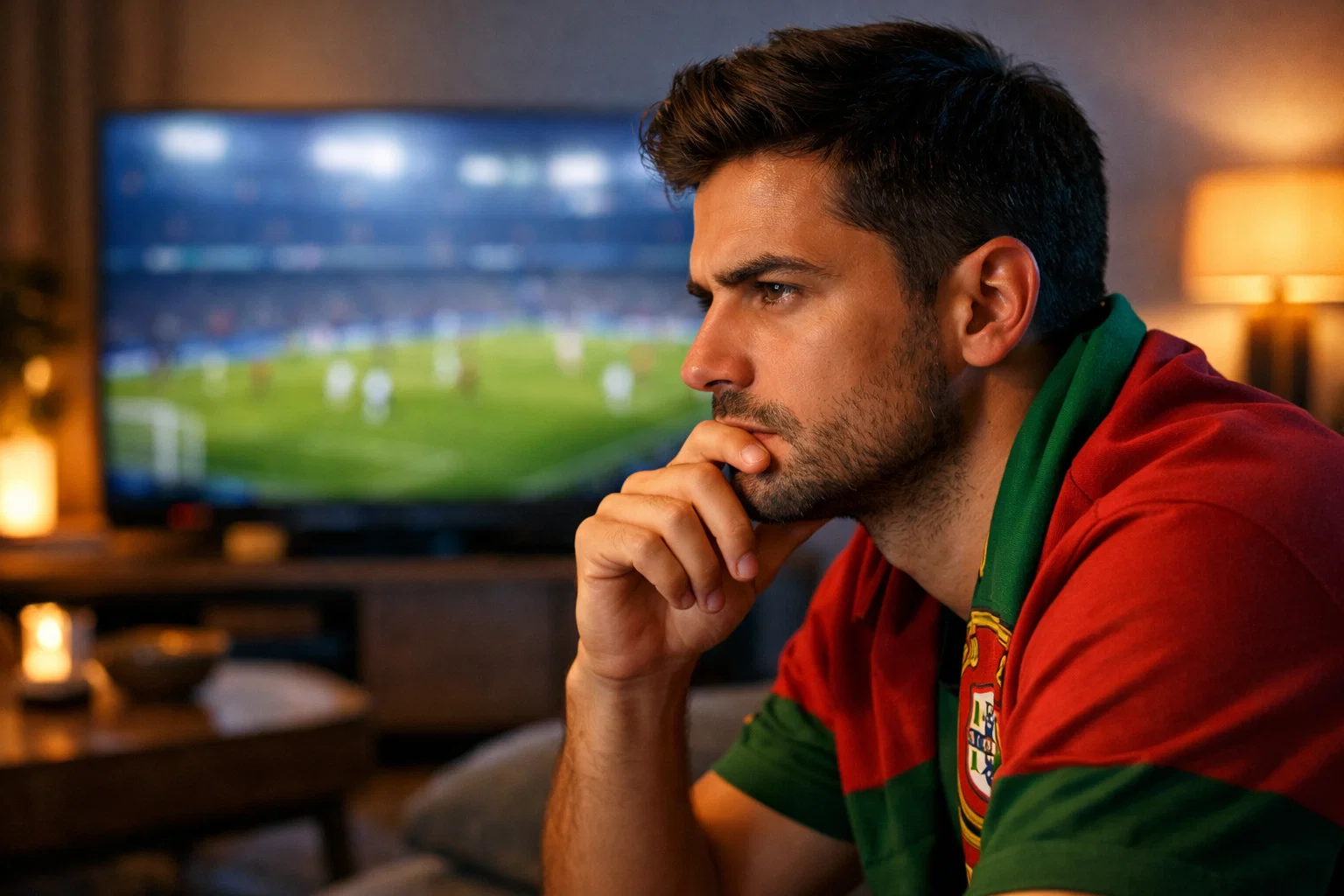 Pessoa atenta a assistir jogo com expressão de análise concentrada